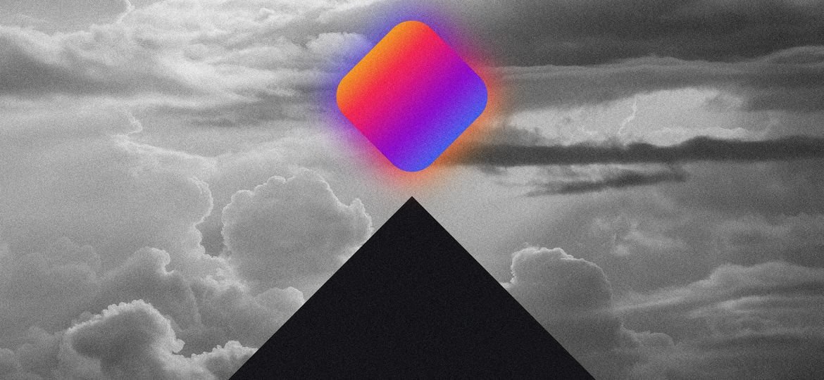 dramatic sky with pyramid pointing up toward colorful shape representing a logo
